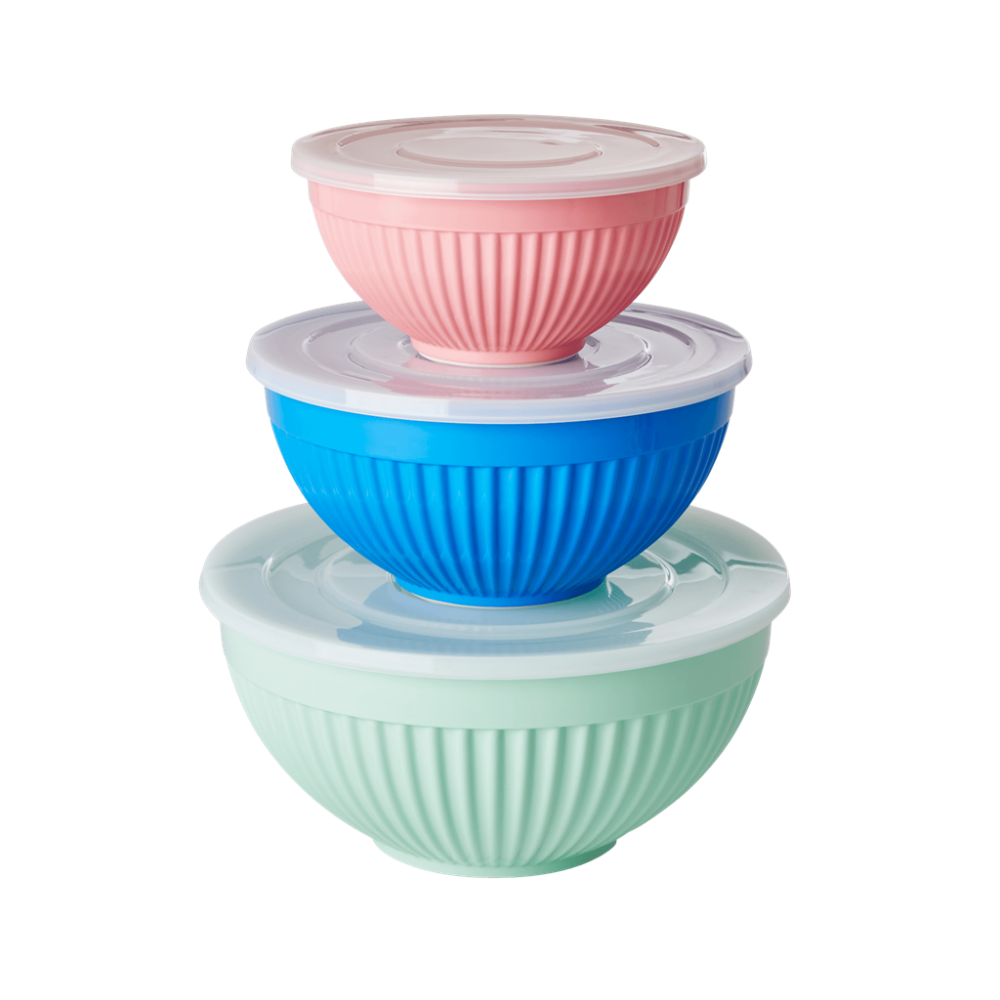 Melamine Stacking Storage Bowls Set of 3 Green, Blue, Pink Rice DK